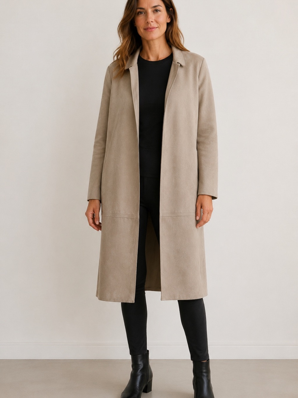 Womens Long Beige Open-Front Coat